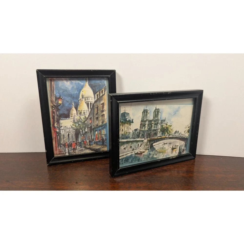 Vintage Paris Postcard Pair Sacré-Cœur Notre Dame Framed Black Wood Frames Set 2
